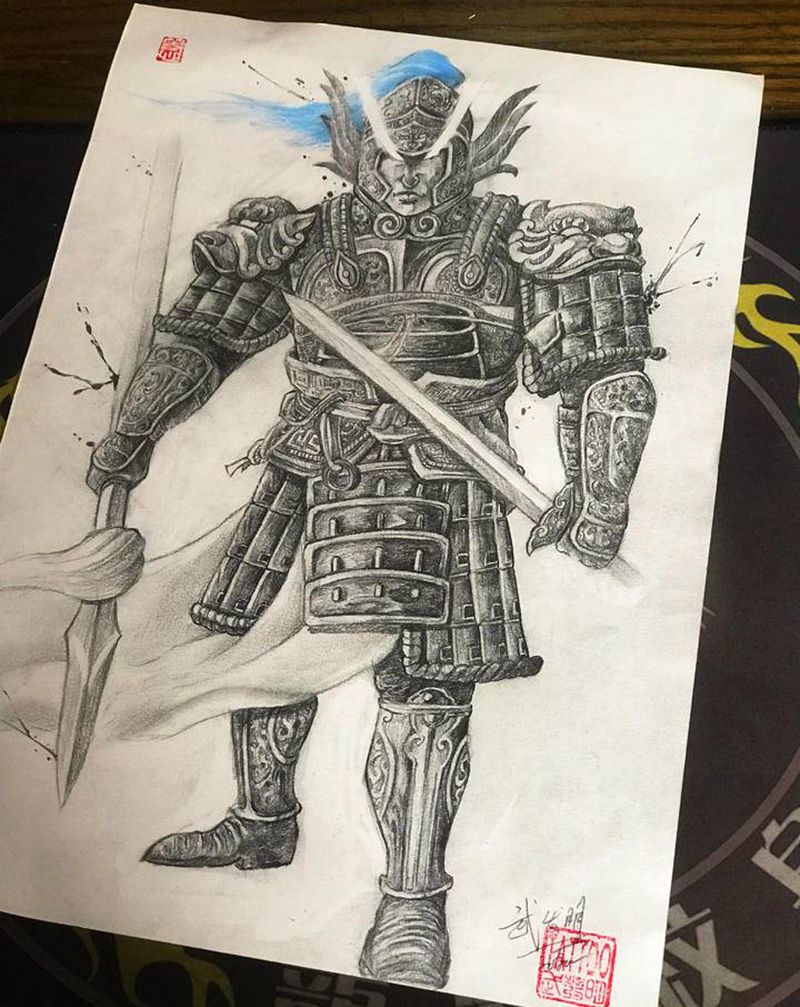 赵云手稿纹身图片_背部腿部新传统水墨纹身图案