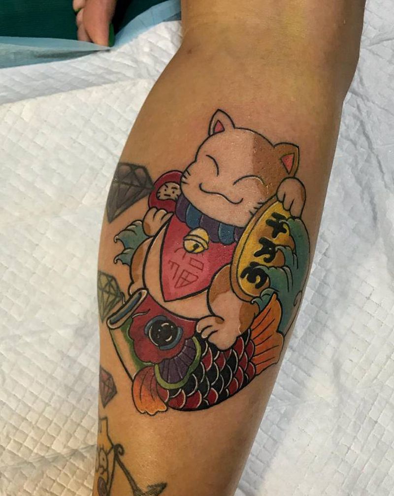 招财猫遮盖纹身图片_腿部New School水彩纹身图案