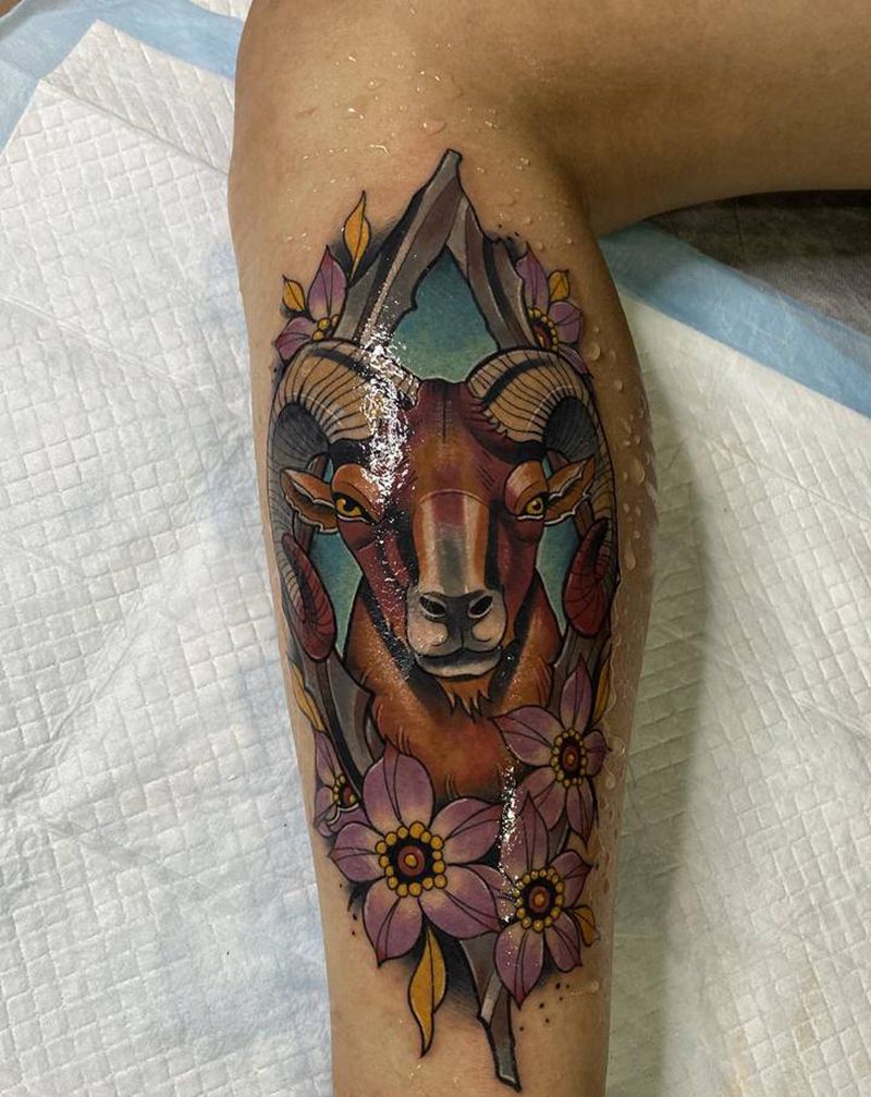 山羊纹身图片_腿部New School纹身图案