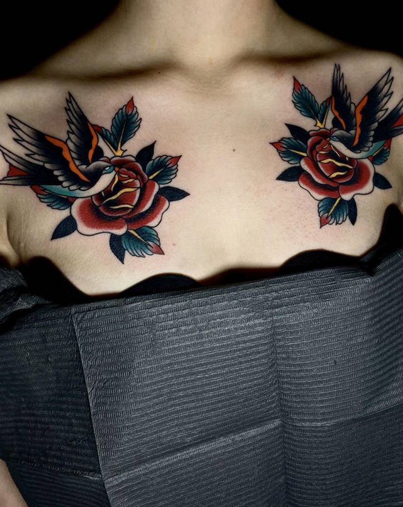 燕子玫瑰纹身图片_胸部Old School纹身图案