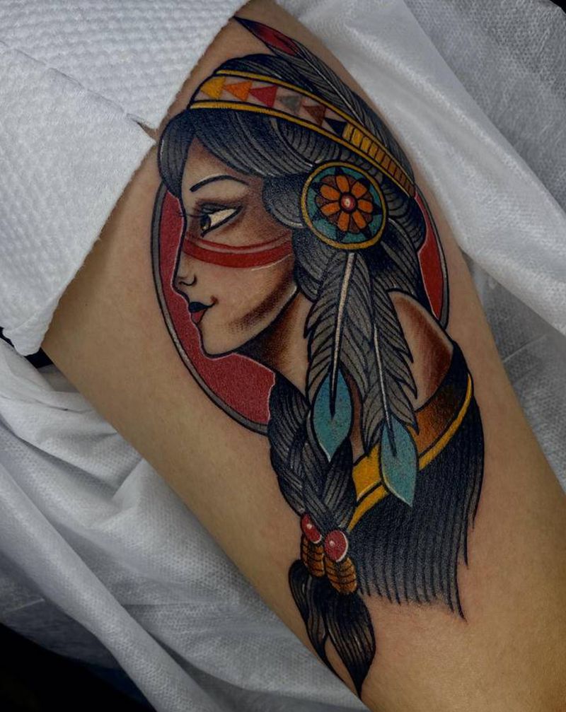 印第安女郎纹身图片_手臂Old School纹身图案