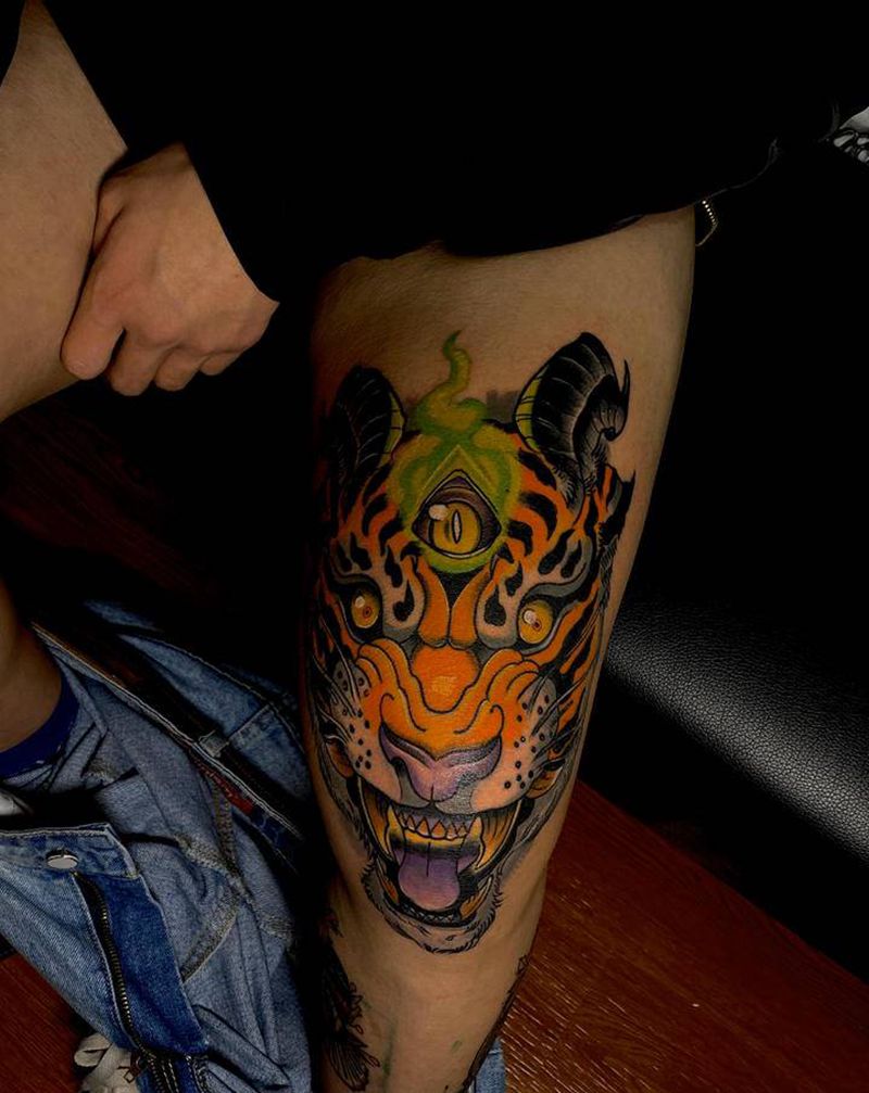 老虎纹身图片_腿部New School纹身图案