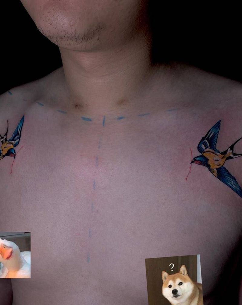 燕纹身图片_胸部New School纹身图案