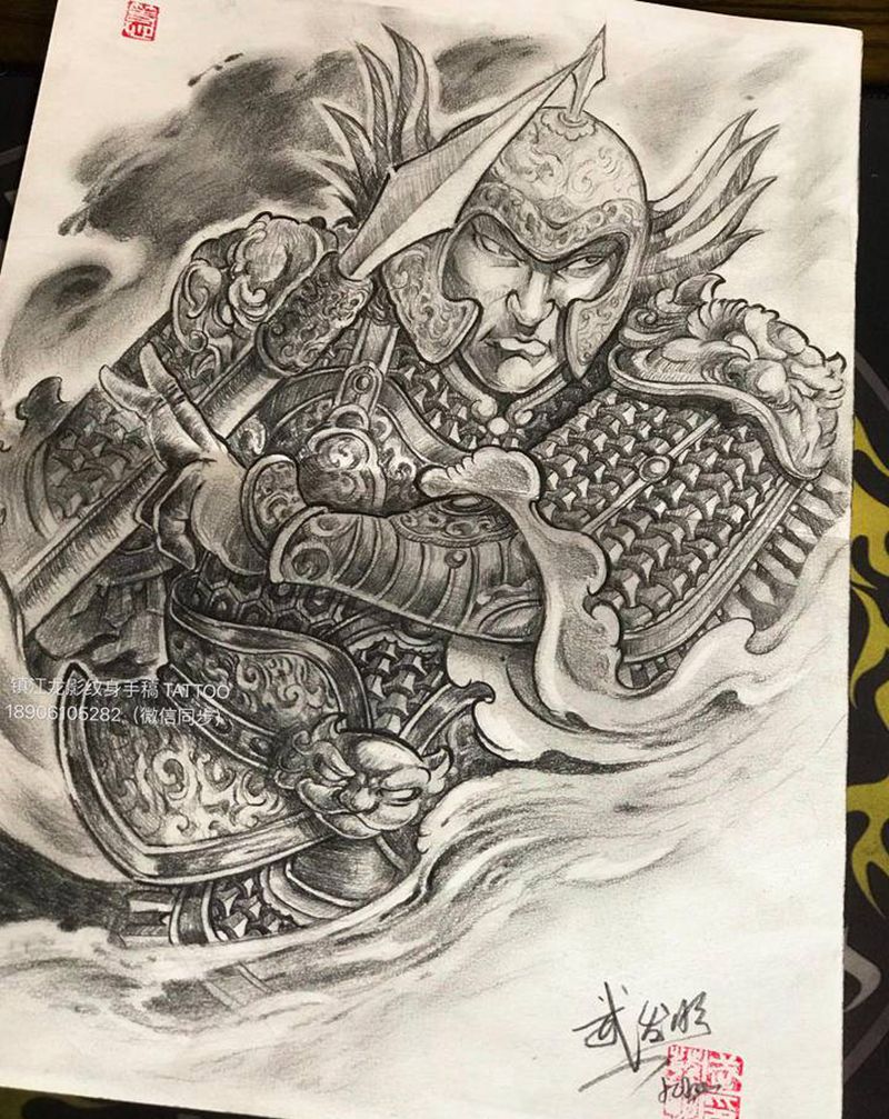 五虎上将—赵云纹身图片_背部腿部新传统点刺纹身图案