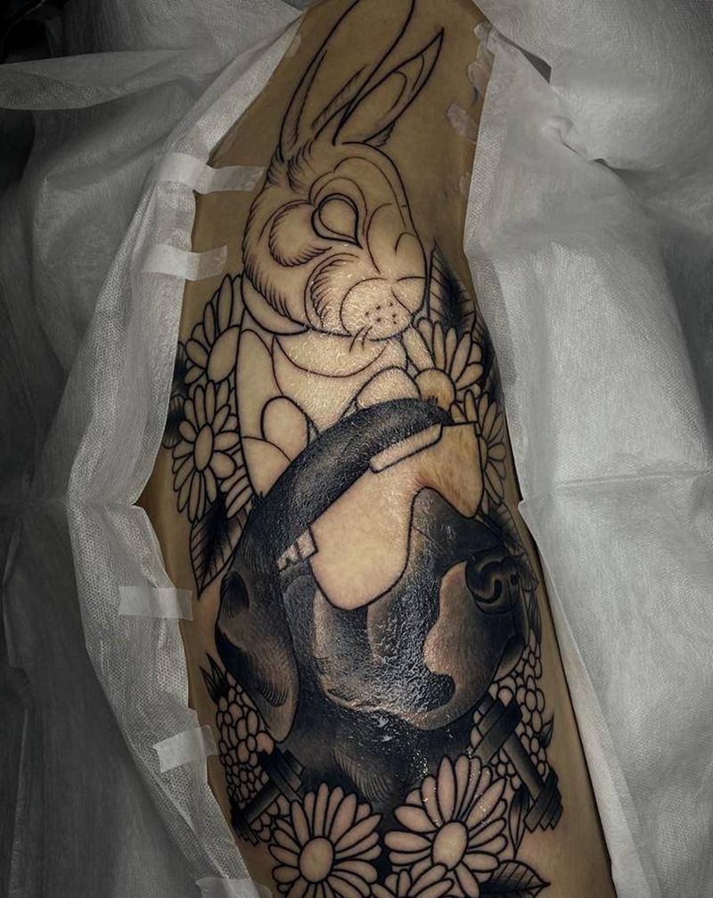 遮盖纹身图片_腿部New School纹身图案