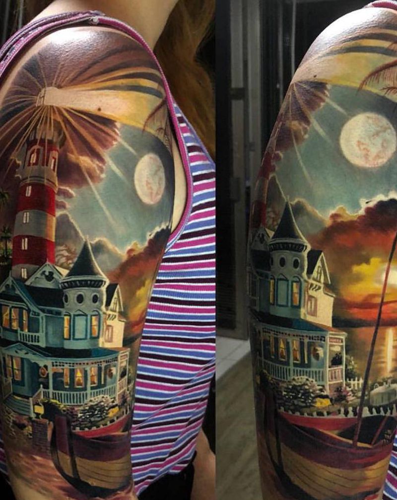 风景纹身图片_手臂欧美写实纹身图案