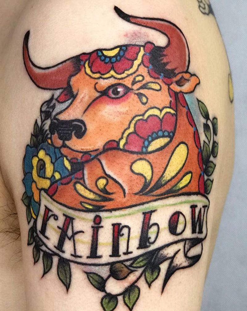 属牛的父女俩纹身图片_手臂Old School纹身图案