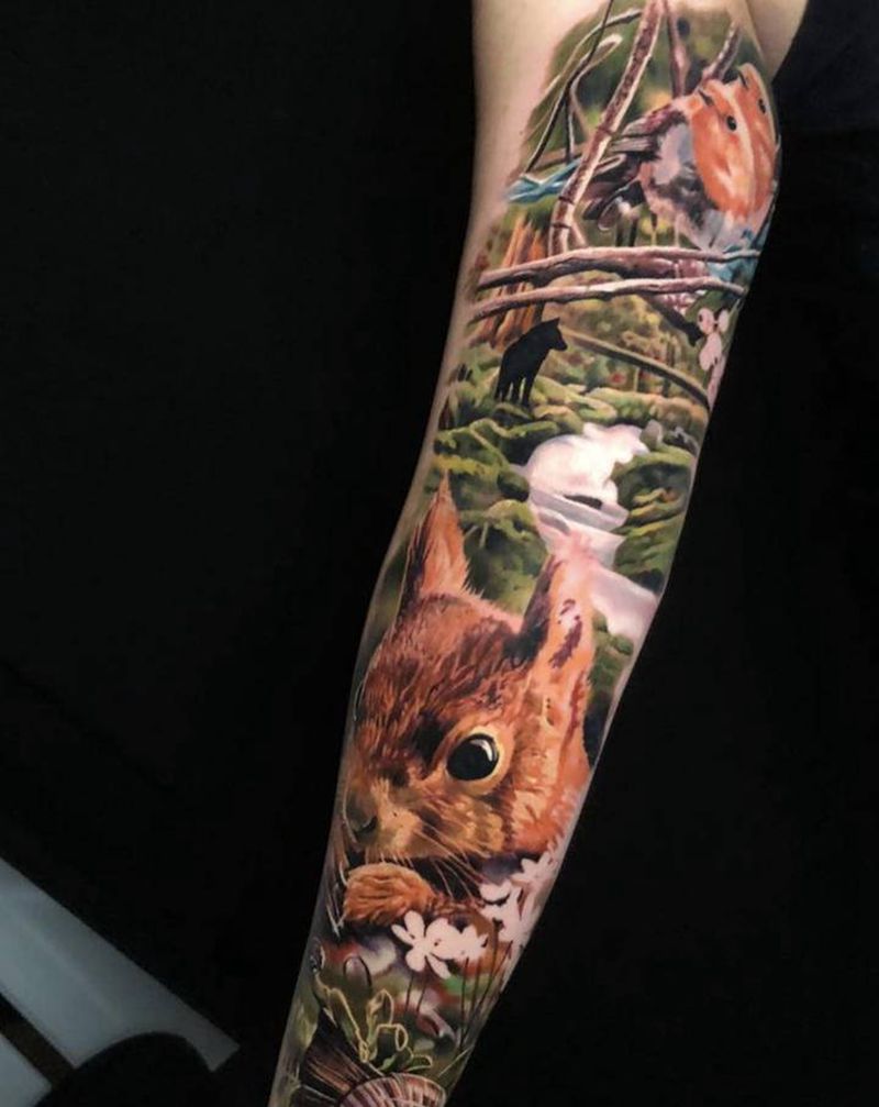 动物风景纹身图片_手臂欧美写实纹身图案
