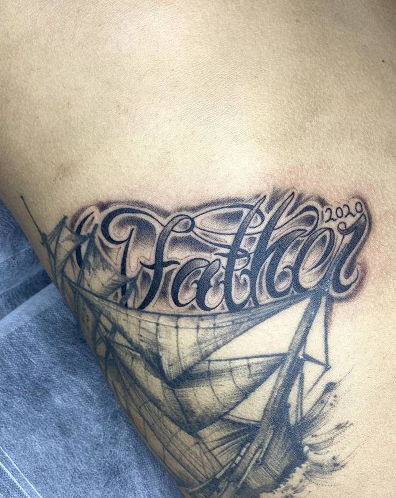 father纹身图片_腹部花体字纹身图案