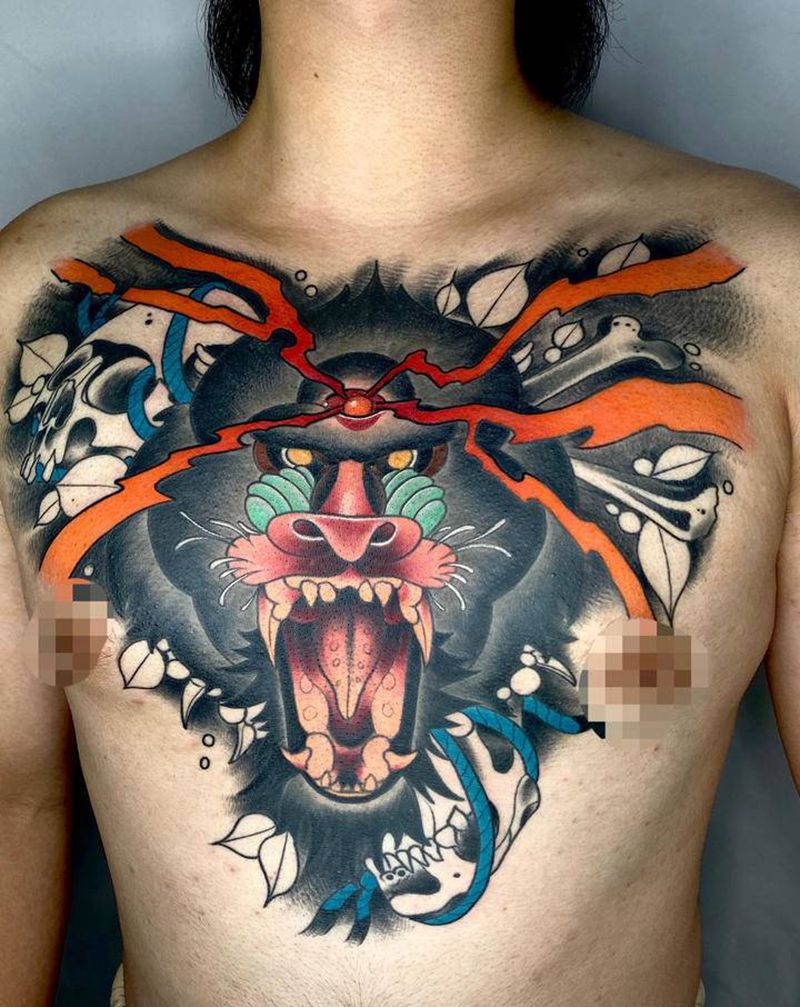 山魈 未完纹身图片_胸部New School纹身图案