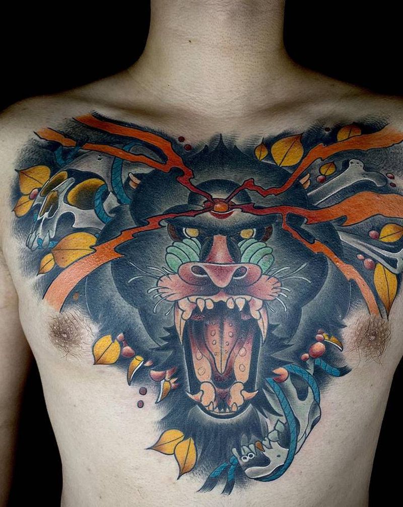 山魈纹身图片_胸部New School纹身图案