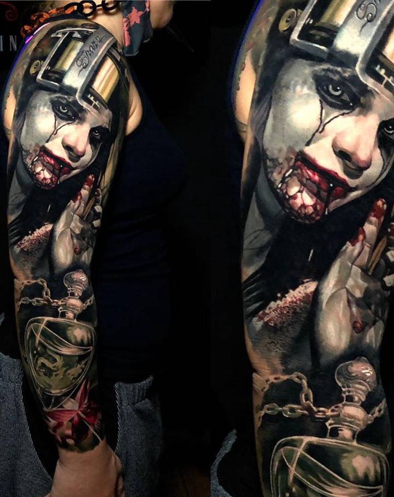 超写实花臂（部分遮盖）纹身图片_手臂欧美写实纹身图案