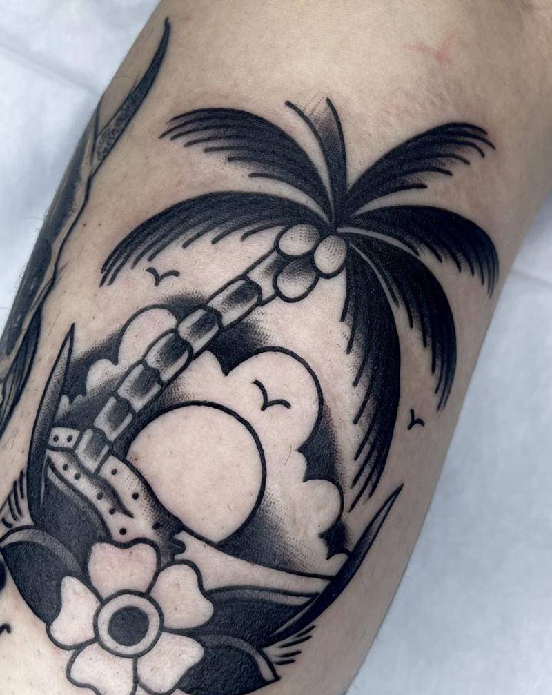 椰子树纹身图片_腿部Old School纹身图案