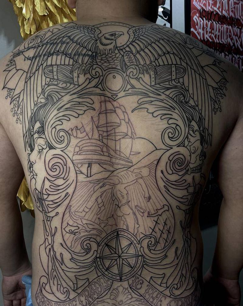 大体完工纹身图片_背部Old School纹身图案