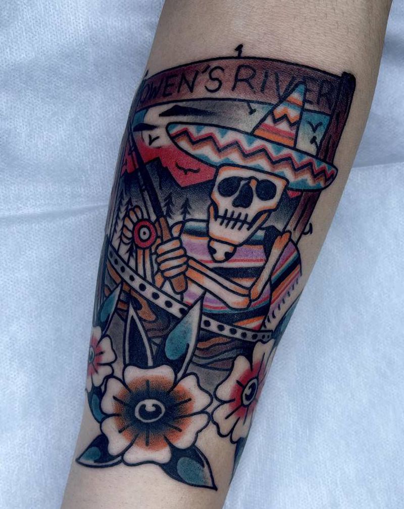 钓鱼的骷髅纹身图片_手臂Old School纹身图案