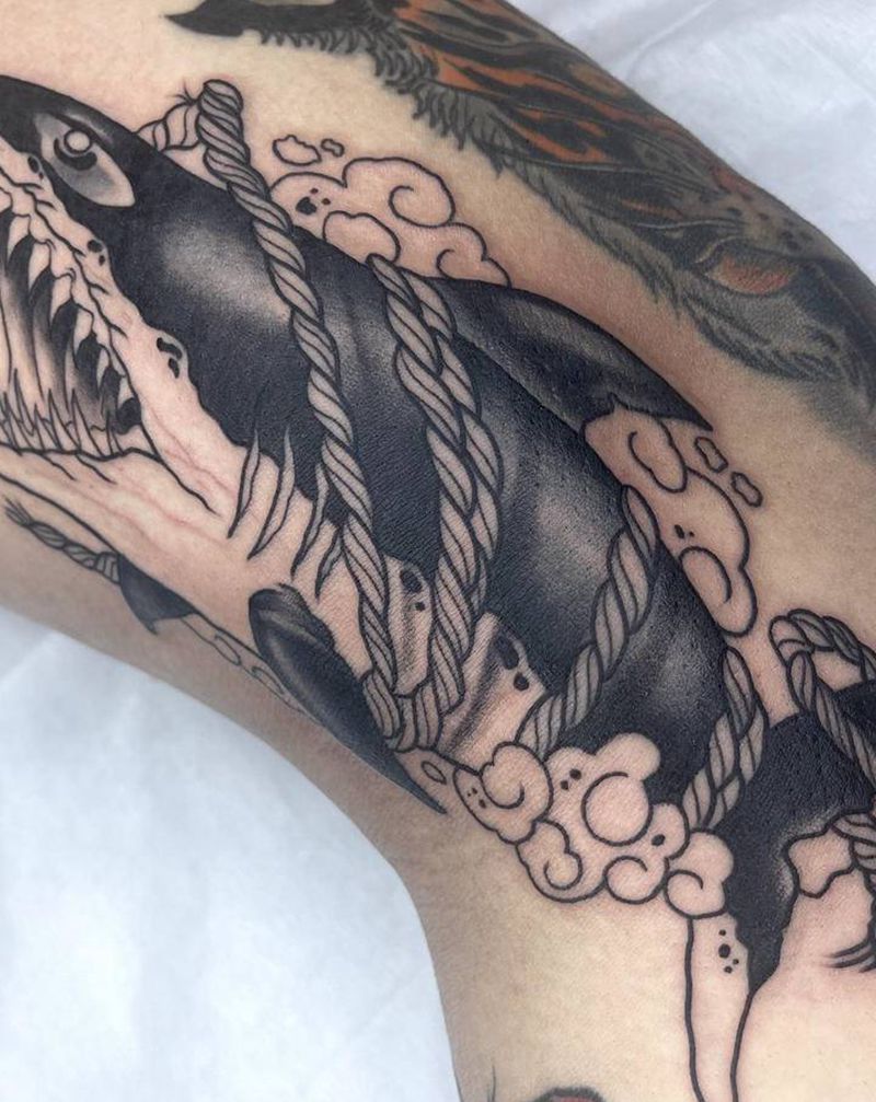 鲨鱼 未完成纹身图片_腿部New School纹身图案