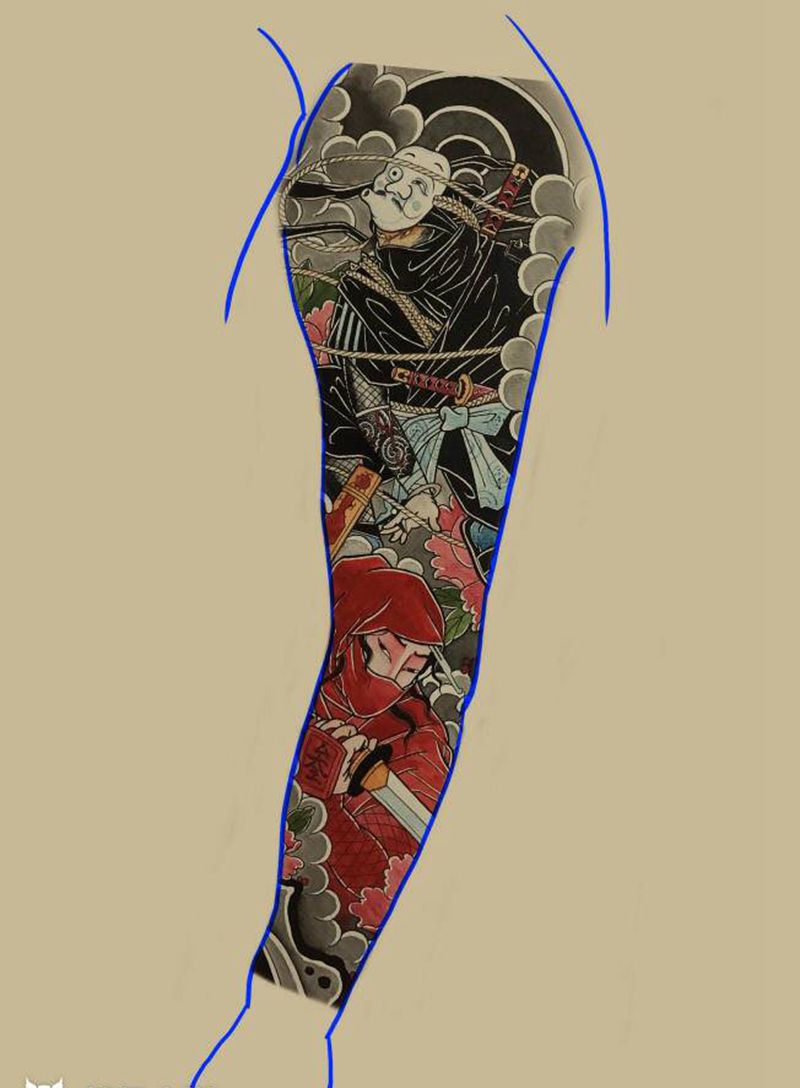 老传统忍者花臂手稿一人一图纹身图片_手臂老传统纹身图案