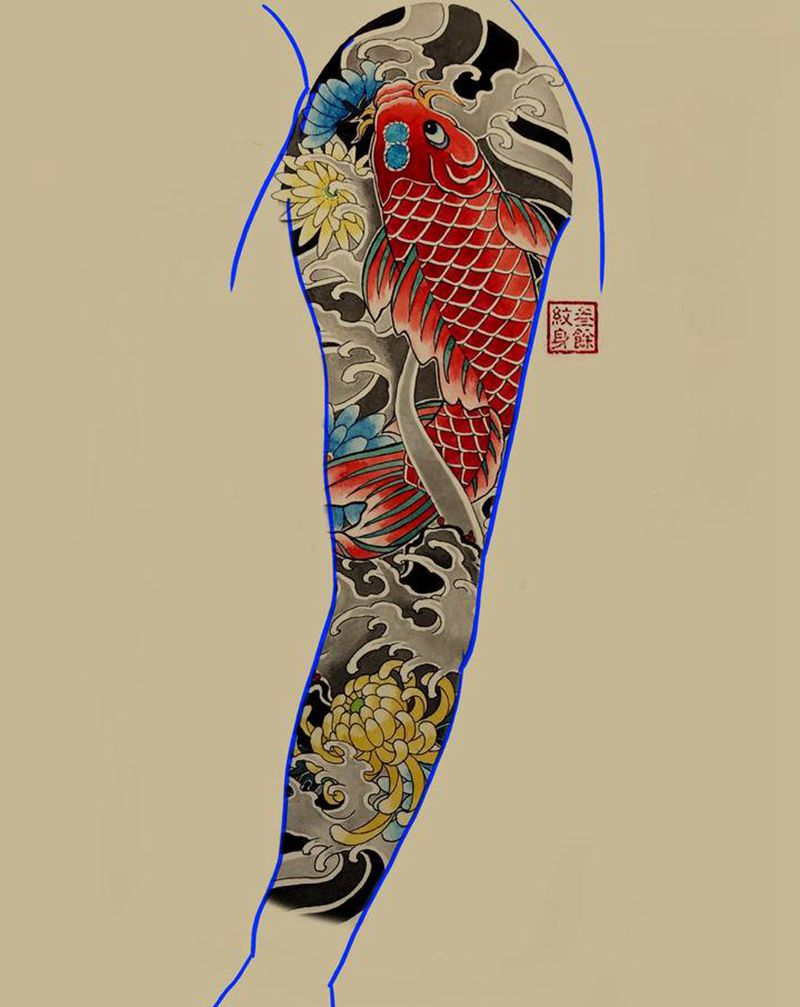 老传统鲤鱼花臂手稿一人一图纹身图片_手臂老传统纹身图案