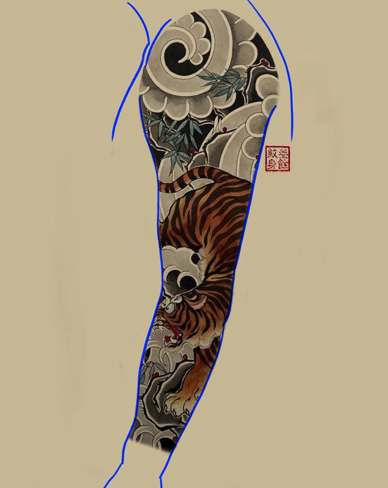 老传统花臂手稿，一人一图纹身图片_手臂老传统纹身图案