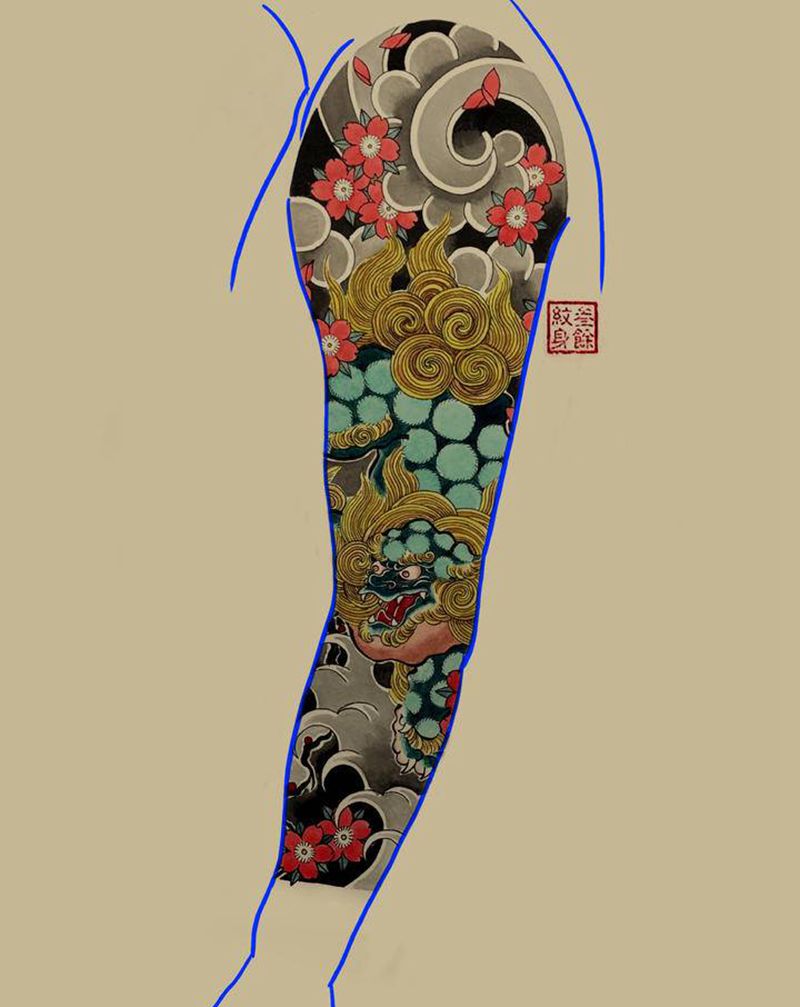 老传统花臂手稿，一人一图纹身图片_手臂老传统纹身图案