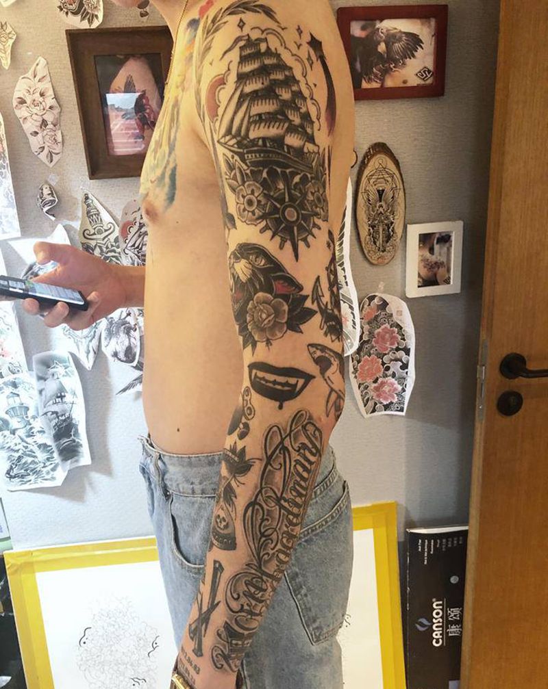 花臂拼接纹身图片_手臂手部Old School纹身图案