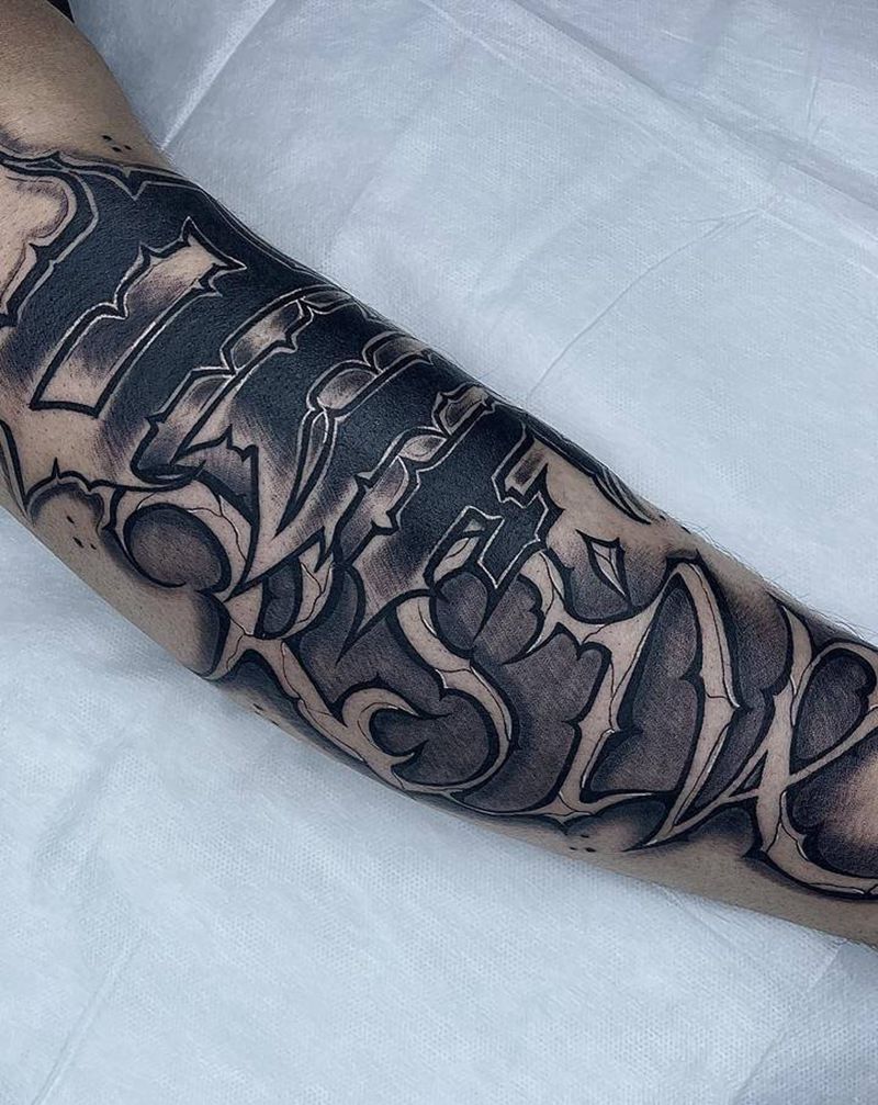 遮盖纹身图片_腿部花体字纹身图案