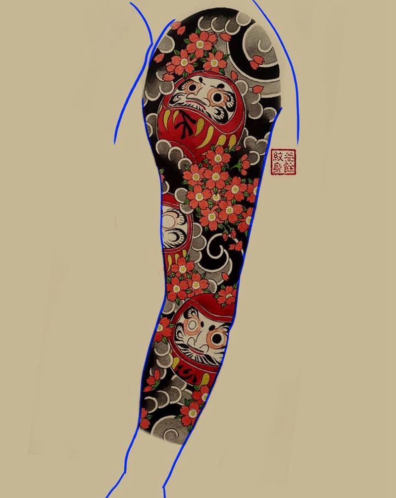 老传统花臂手稿，一人一图纹身图片_手臂老传统纹身图案