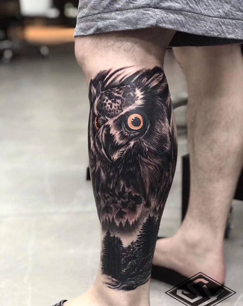 猫头鹰遮盖纹身图片_脚部纹身图案