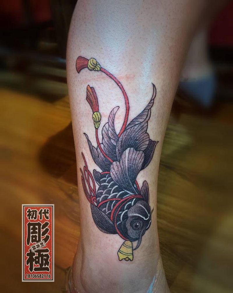 单针老传统小图纹身图片_腿部老传统纹身图案