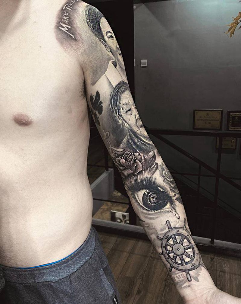 有意义的花臂纹身图片_手臂素描花臂纹身图案