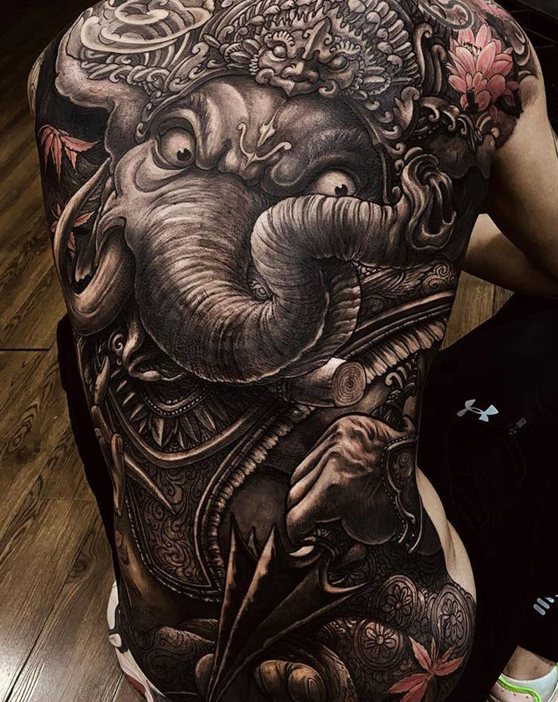 象神纹身纹身图片_背部新传统宗教信仰纹身图案