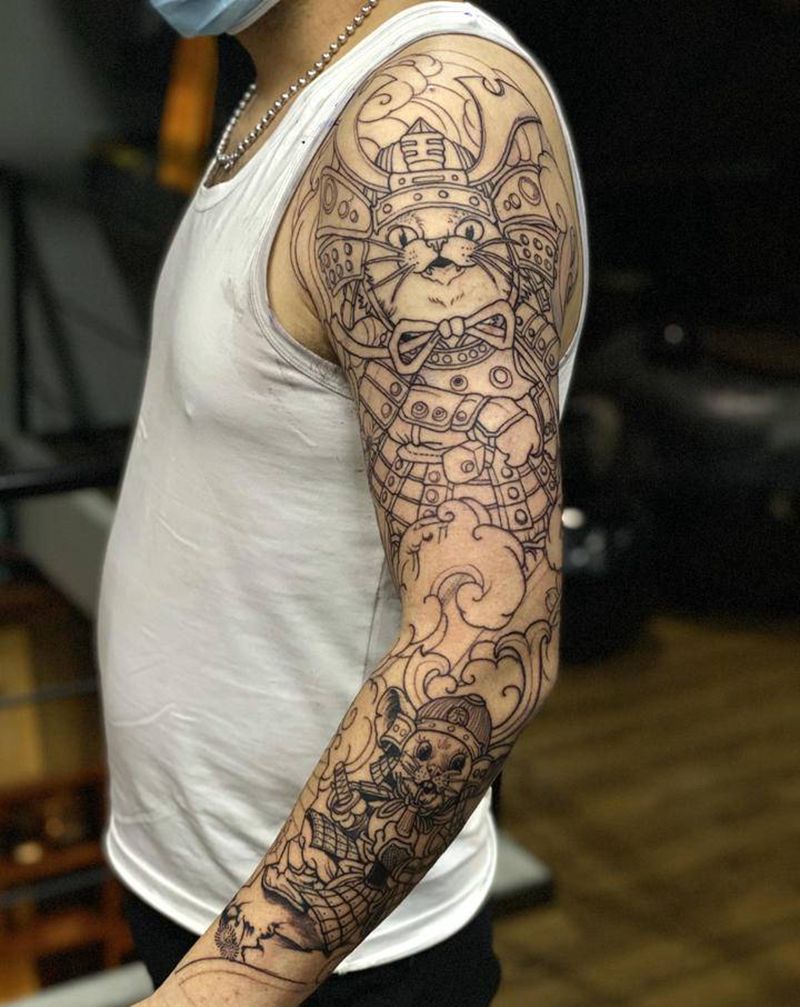 花臂定制纹身图片_手臂新传统家庭元素纹身图案