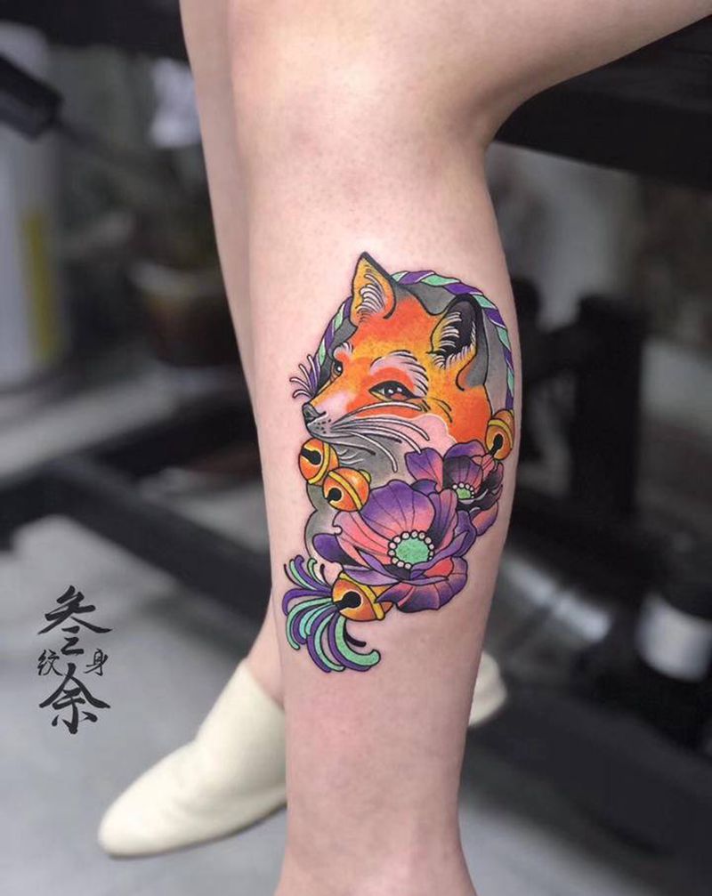 狐狸纹身图片_腿部纹身图案