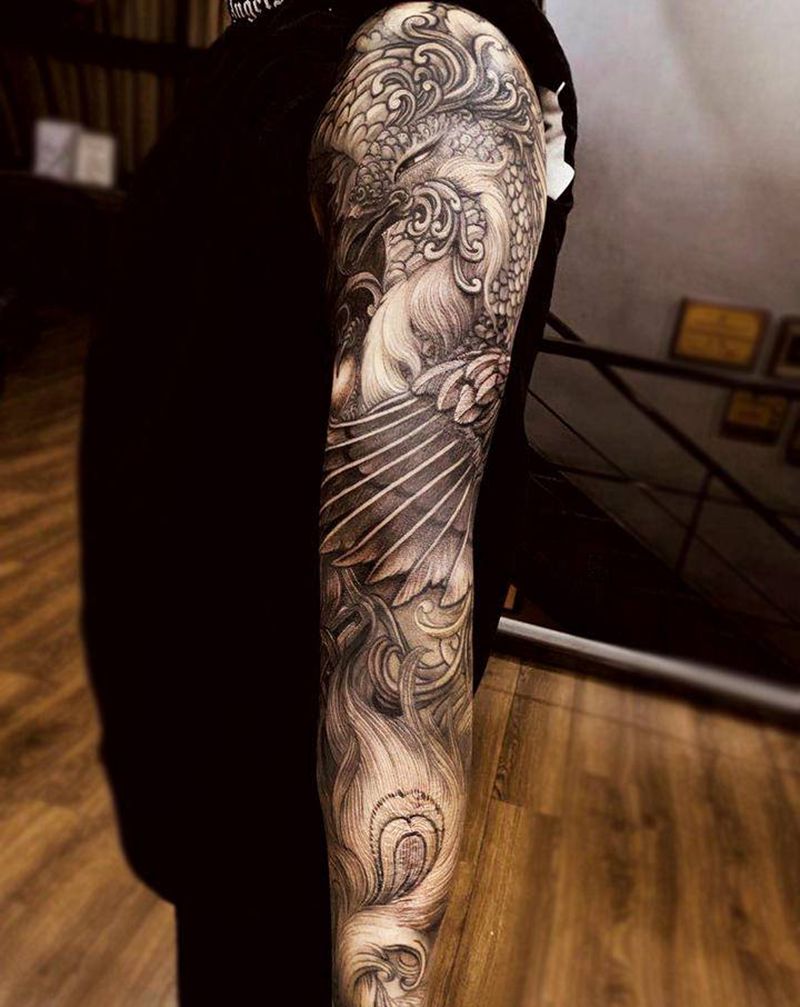 凤凰花臂纹身纹身图片_手臂新传统花臂纹身图案