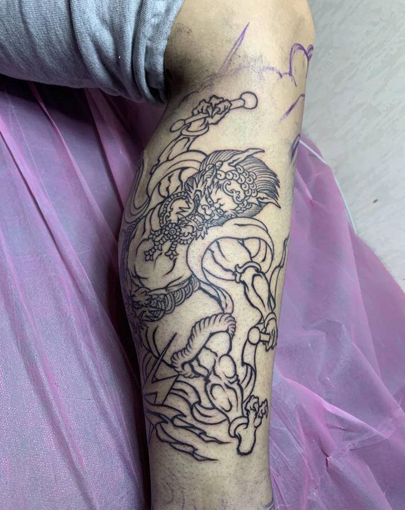 雷神线稿老传统包小图纹身图片_腿部老传统纹身图案