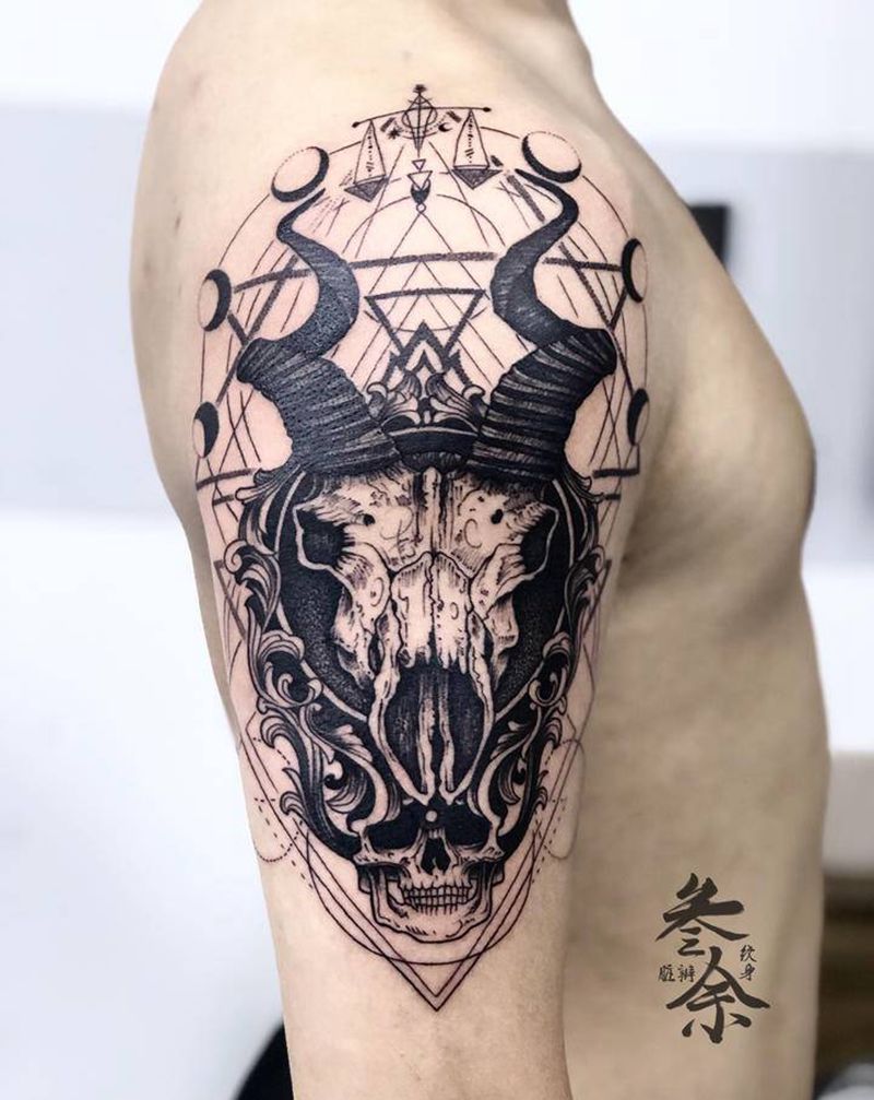 羊头骨纹身图片_手臂纹身图案
