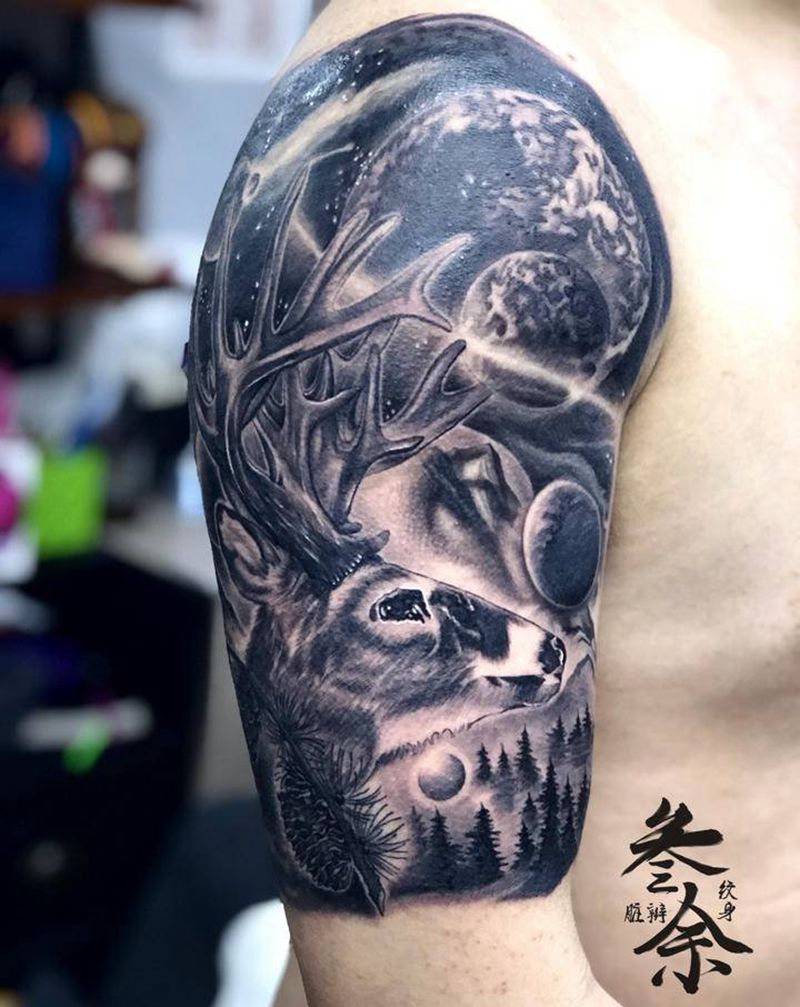 星空鹿纹身图片_手臂欧美写实纹身图案