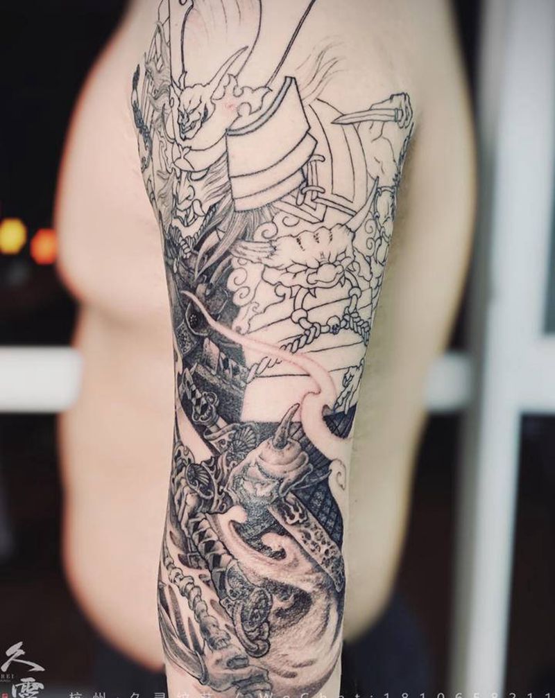 鬼武士疤痕遮盖七分袖纹身图片_手臂新传统纹身图案