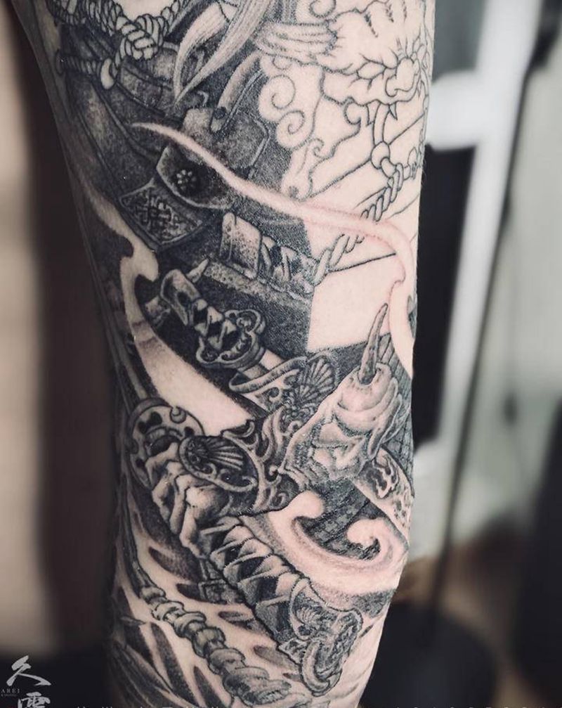 鬼武士疤痕遮盖七分袖纹身图片_手臂新传统纹身图案