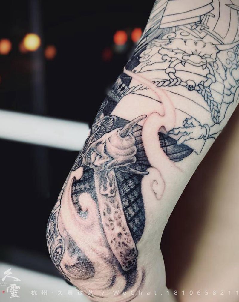 鬼武士七分袖疤痕遮盖纹身图片_手臂新传统纹身图案