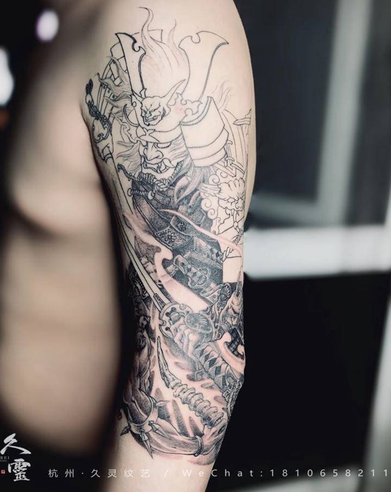 鬼武士七分袖疤痕遮盖纹身图片_手臂新传统纹身图案