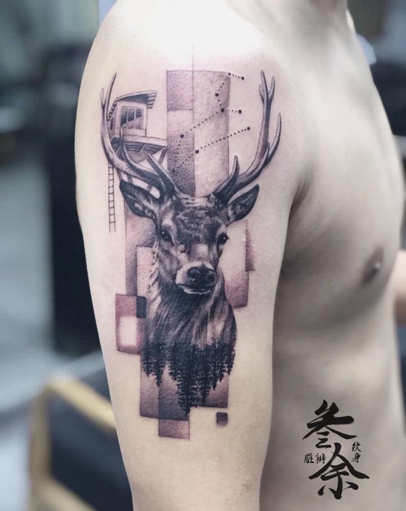 鹿纹身图片_手臂几何纹身图案