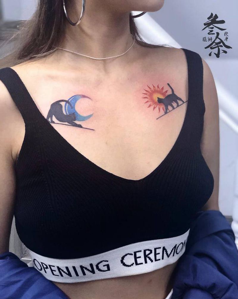 对称小猫纹身图片_胸部纹身图案