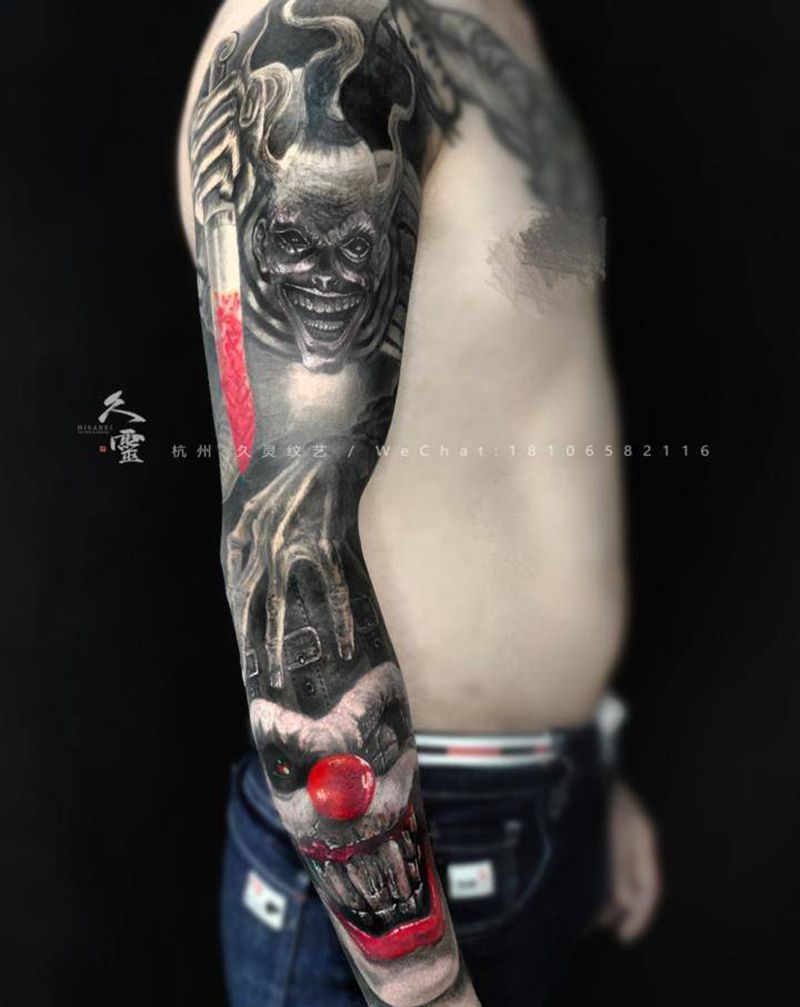 小丑写实花臂纹身图片_手臂欧美写实小丑纹身图案