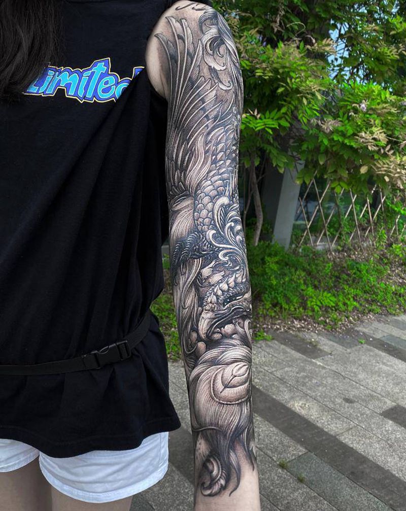 凤凰花臂纹身图片_手臂新传统凤凰花臂纹身图案