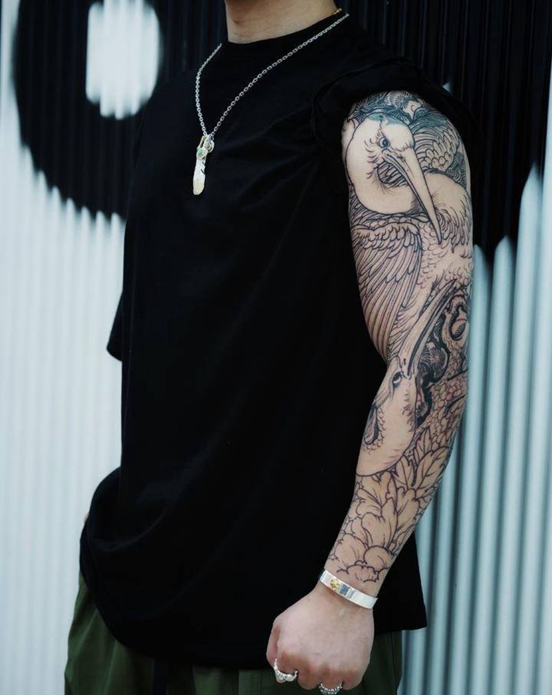 松鹤延年纹身图片_手臂新传统纹身图案