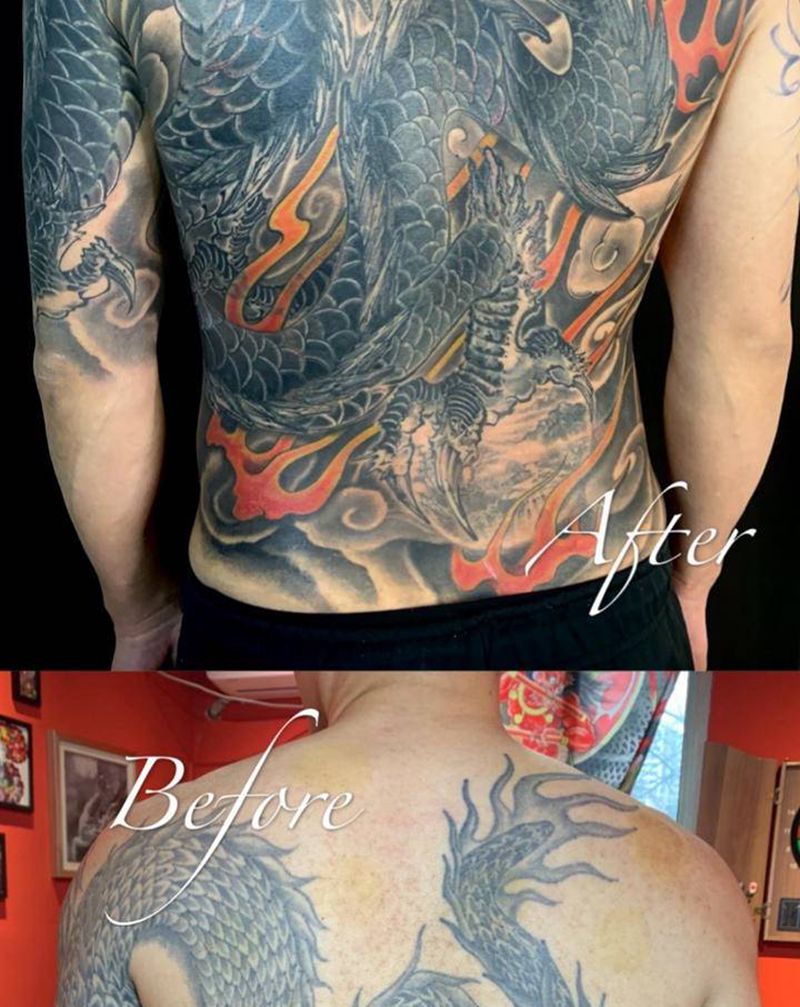 大面积遮盖纹身图片_背部手臂新传统纹身图案