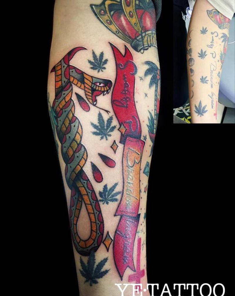 遮盖，添加纹身图片_手臂Old School纹身图案