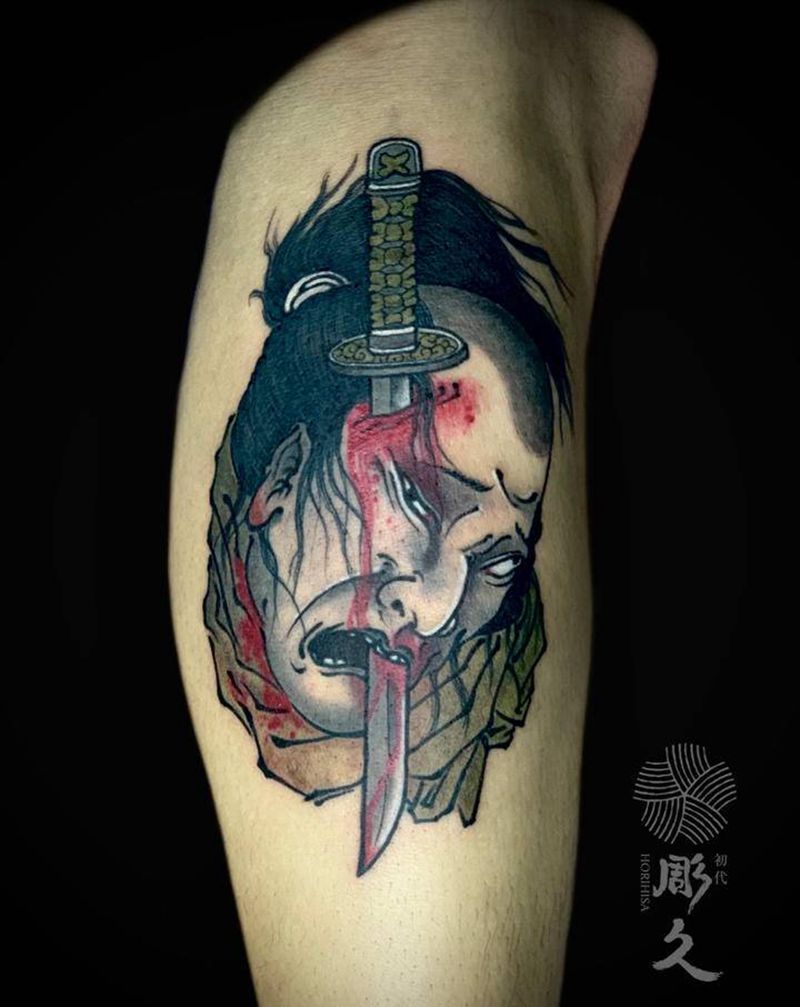 老传统，生首纹身图片_腿部老传统纹身图案