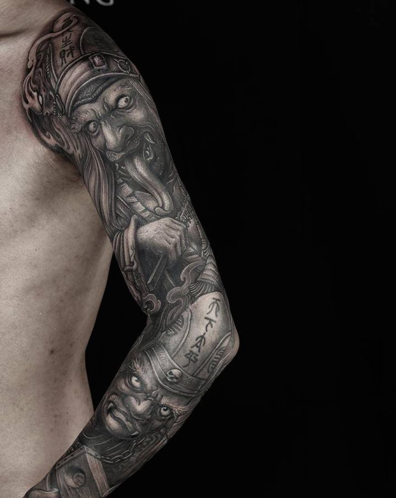 黑白无常传统花臂纹身图片_手臂手部新传统人物花臂纹身图案